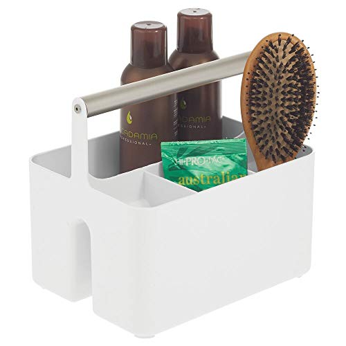 mDesign Caja organizadora para cuarto de baño – Práctica cesta con asa para el almacenamiento de cosméticos – Organizador de baño portátil con 4 compartimentos – blanco/plateado mate