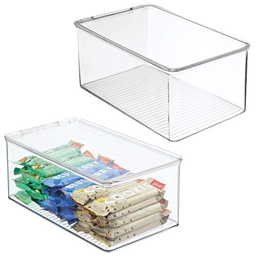 mDesign Juego de 2 organizadores de nevera – Cajas apilables de almacenamiento para despensa y estantes de cocina – Organizador de cocina de plástico sin BPA y con tapa abatible – transparente