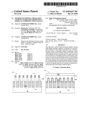Methods of forming a protection layer on an isolation region of IC products comprising FinFET devices: United States Patent 9876077 (English Edition)
