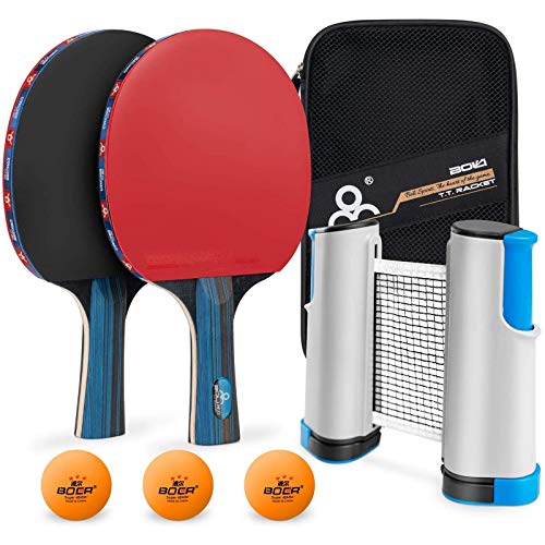MOSRACY Conjunto de Tenis de Mesa con Red, Raqueta de Ping Pong Profesional,2 Raqueta/3 Pelotas/1Red Retráctil/1Portátil Bolsa de Red (Niños/Adultos) para Competiciones de Ping Pong Pro o de Ocio.
