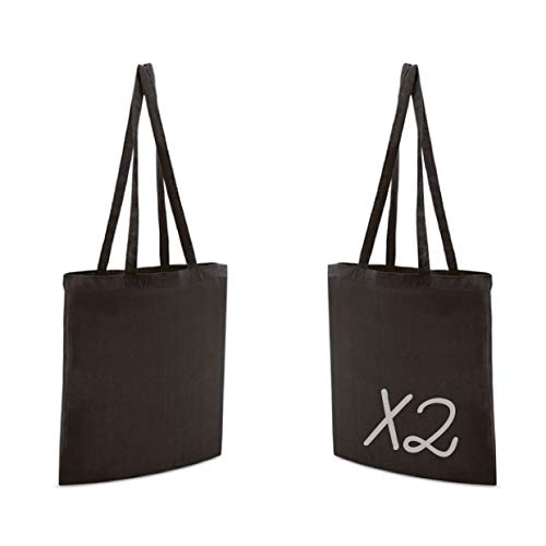 My Custom Style 2 bolsas de la compra de algodón 145 g/m², color negro, 38 x 42 cm, asas largas 70 cm