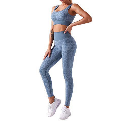 N /C Conjunto de Traje de Yoga sin Costuras con Estampado de Leopardo para Mujer, Sujetador Deportivo con Cintura Alta, Pantalones (Estampado de Leopardo Gris Azulado, M)