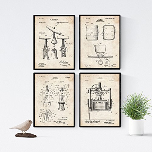 Nacnic Vintage - Pack de 4 Láminas con Patentes de Vino. Set de Posters con inventos y Patentes Antiguas. Elije el Color Que Más te guste. Impreso en Papel de 250 Gramos de Alta Calidad