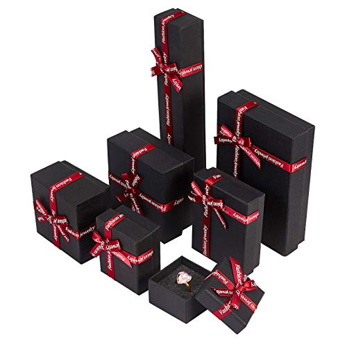 NBEADS 7 Pieza 7 tamaños Caja de la Joya, Caja de Regalo de Cartón Negro con Lazo de Cinta Roja para Embalaje de Pulsera de Collar de Bricolaje