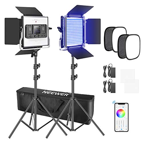 Neewer 2 Paquetes Luz LED 660 RGB Control de Aplicación Kit de Iluminación de Video con Soporte Softbox y Bolsa LED 660 SMD Regulables/CRI95/3200K-5600K/0-360 Colores Ajustables/9 Escenas Aplicables