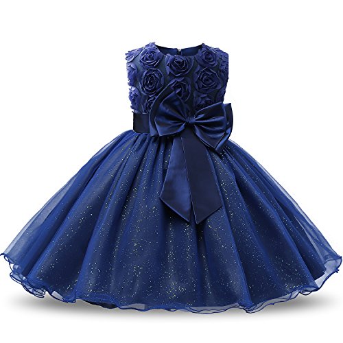 NNJXD Vestido de Fiesta de Princesa con Encaje de Flor de 3D sin Mangas para Niñas Talla(120) 3-4 años Azul Oscuro