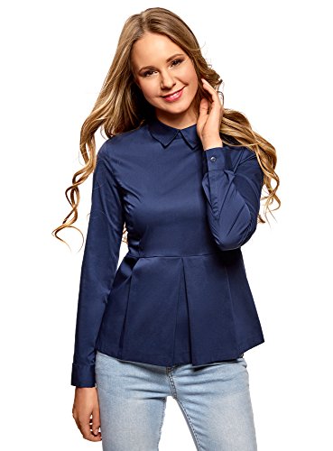 oodji Ultra Mujer Blusa Básica con Volante, Azul, ES 44 / XL
