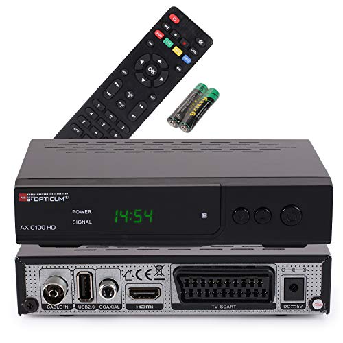 Opticum AX C100 HD Cable Alta Definición Total Negro tV set-top boxes - Reproductor/sintonizador (Cable, DVB-C, 4:3, 16:9, AVI,AVS,H.265,MKV,MP4,MPEG1,MPEG2,MPEG4,MPG,TS,VP8, AAC,AC3,MP1,MP3,WMA, BMP,JPG)