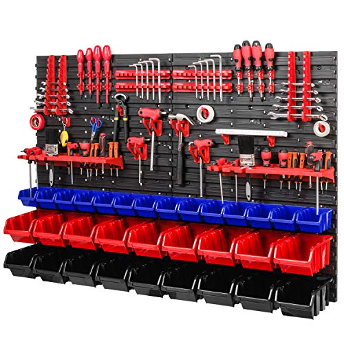 PAFEN Sistema de almacenamiento – 1152 x 780 mm – Estantería de pared con cajas apilables – Soporte para herramientas – Estante de pared extra fuerte (azul/rojo/negro)