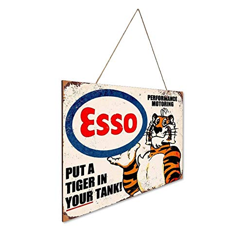 Placa decorativa de madera con texto en inglés «N/ A Esso Put A Tiger in Your Tank »