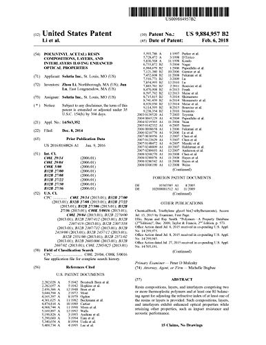 Poly(vinyl acetal) resin compositions, layers, and interlayers having enhanced optical properties: United States Patent 9884957 (English Edition)