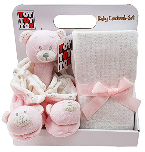 Regalo para bebé con manta para bebé, zapatillas sonajero, oso de peluche, color rosa