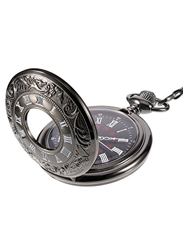 Reloj de Bolsillo Negro de Números Romanos Clástico Steampunk con Cadena