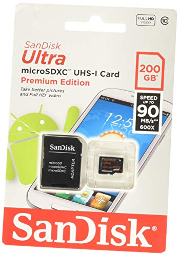 SanDisk Ultra - Tarjeta de memoria microSDHC UHS-I de 200 GB con adaptador SD, velocidad de lectura hasta 80 MB/s, Clase 10