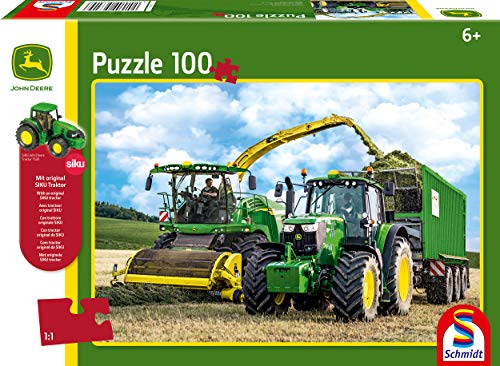 Schmidt Spiele- John Deere Traktor 6195M y Feldhäcksler 8500i-Puzzle Infantil (100 Piezas), Color carbón (56315)