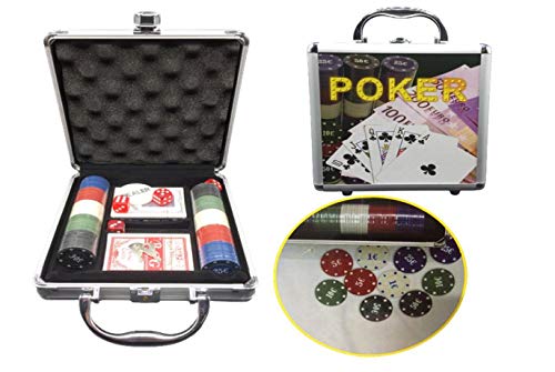 Set Juego de póker con Caja Metalica con Llave, Chip 100 fichas +2 Barajas de Cartas+Ficha Dealer.