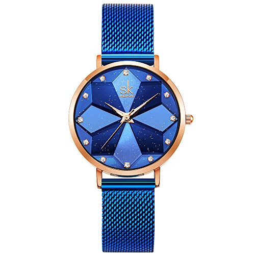 SHENGKE Estrella Reloj de Pulsera para Mujer, Correa de Malla, Elegante, para Mujer, Estilo Simplicidad,Flores (Starry-Mesh Band-Blue)