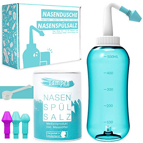 Tampen Set de lavado nasal con 120x Sal de enjuague nasal (300g) y Cuchara medidora (1g) · 3 accesorios para adultos y niños · ducha nasal · Limpieza de nariz