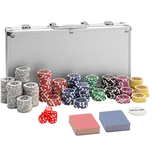 TecTake Maletín de Póker Aluminio con fichas láser Poker Chips | Plateado | Incl. 5 Dados + 2 Barajas de Cartas + 1 ficha de Dealer (300 Pieza | Plateado | no. 402557)