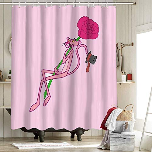 The Pink Panther Cortina de ducha de tela de baño Decoración de la Pantera Rosa Película de dibujos animados Serie Linda Chica Corazón de 150 x 180 cm