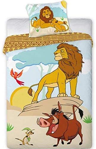 Unbekannt Juego de ropa de cama para niños (2 piezas), diseño de león King 003, Simba Pumba Timon140 x 200 cm y funda de almohada beige, azul, amarillo y marrón