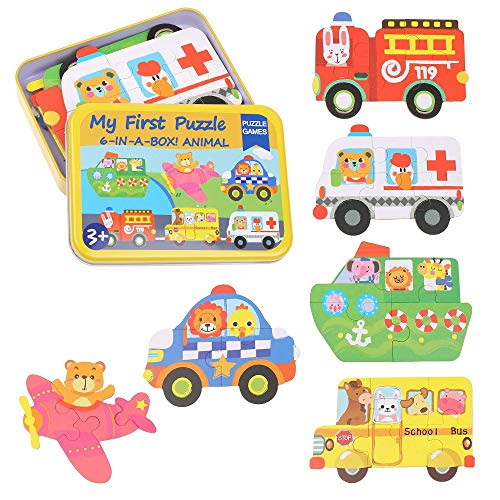 Vehículos rompecabezas de madera - rompecabezas juguetes educativos del sistema, aprendizaje educativo y sensorial para niños pequeños juguete regalos de cumpleaños, juego de 6 con una caja colorida