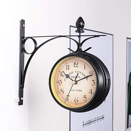 VINTAN Reloj de pared de doble cara, para interior y exterior, estilo vintage, aspecto antiguo, montaje en pared, color negro