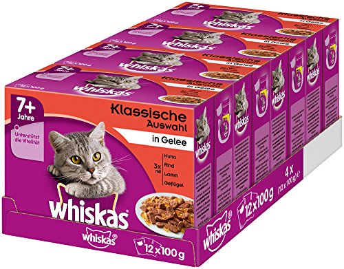 Whiskas 7 + Comida para Gatos – Selección clásica en Jalea – Comida húmeda Gatos a Partir de 7 años y Mayores – 48 Bolsas de 100 g