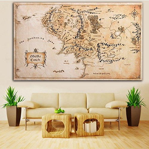 XiaoMall Póster de tela de seda de 110 x 60 cm, diseño de mapa de la Tierra Media, el Señor de los Anillos, decoración del hogar
