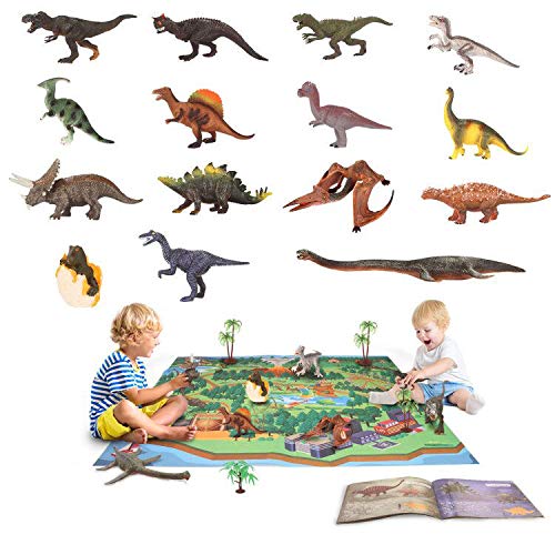 YouCute Dinosaur Toys 15 Figuras realistas con PlayMat Libros Educativos 16CM a 25CM Dino Party Supplies para niños Niños Niñas Incluyendo T-Rex Triceratops Velociraptor Pterosaur
