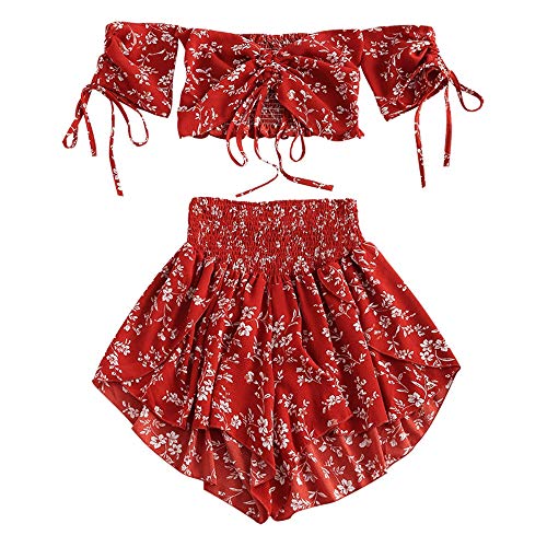 ZAFUL - Conjunto de pantalón corto y pantalón corto para mujer (espalda descubierta, con cordón, 2 piezas, espalda descubierta, con cierre de cordón, parte superior corta y pantalón corto) rojo S