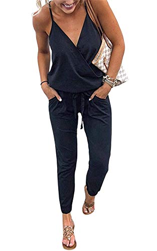 ZAMAC mono con cuello en V y tirantes de espagueti con cordón en la cintura, pantalones largos para mujer Negro Negro ( XL