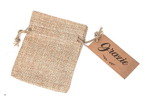 10 Pequeños sacos de yute 10x8 cms con etiqueta GRAZIE (texto en italiano)