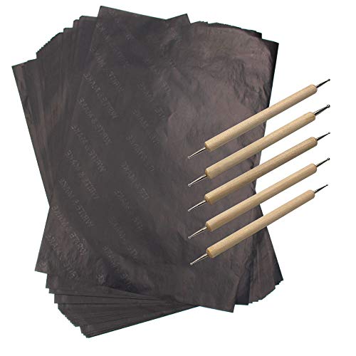 100 hojas de papel de carbono negro para transferencia de papel y 5 piezas de doble extremo para rascar herramientas punteadoras para madera, papel y lona