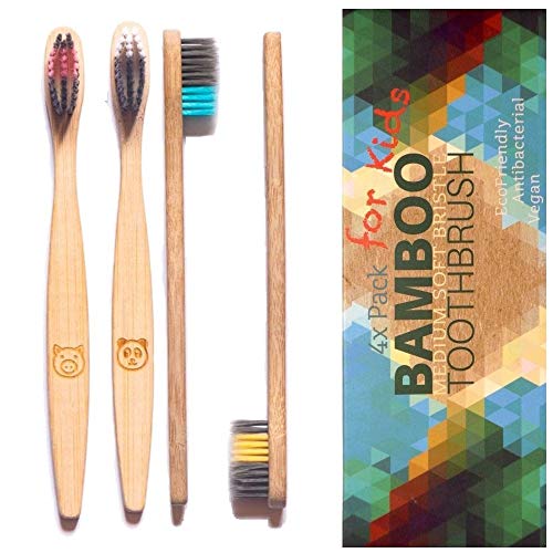 4 cepillos de dientes de bambú para niños - cerdas de carbón ultra suaves, mango de madera biodegradable y libre de plástico, vegano, ecológico, sin BPA ni BPS, cerdas densas y finas, cuatro colores