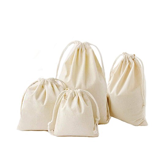 Abaría - 4 Unidades Bolsa de algodón con Cuerdas – Pequeña Saco Bolsas - Bolsa Inserto Organizador para bebé Ropa Juguete pañales - Bolsa de Regalo - 25x 30 cm, 19 x 23 cm, 14 X 16