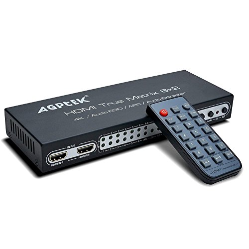 AGPtEK Switch UHD-Matrix 6 entradas x 2 Salidas HDMI | Mando a Distancia | ARC | Audio, SPDIF óptico y 3,5 mm, Stereo, Dolby 5.1 Surround | Compatibilidad Full HD, UHD, 4K, 4K*2K, HDMI 1.4