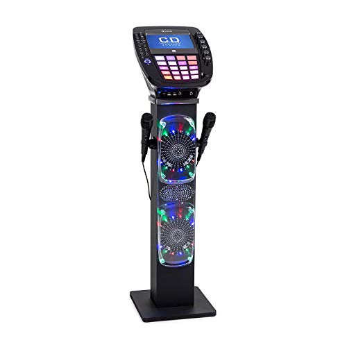 auna KaraBig Torre de Karaoke - Juego de Karaoke , Display TFT 7" a Color , Reproductor CD+G , Interfaz Bluetooth , USB , Salida de Audio y vídeo , Efectos de luz LED , 2 Micrófonos dinámicos , Gris