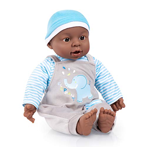 Bayer Design bebé, Muñeca, Interactive Baby, Niñas, 12 Sonidos de bebés, 40cm, con rizos, Cuerpo Blando, Piel Oscura (94001AH)
