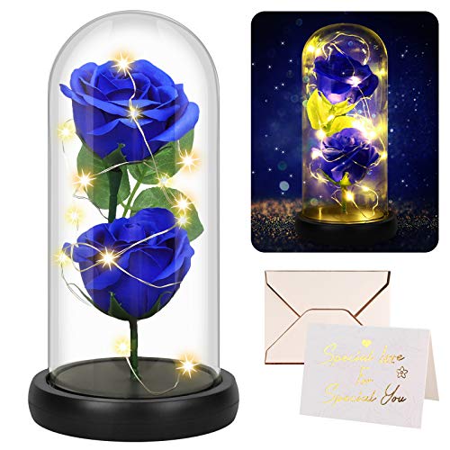 Becoyou Rosa Eterna, Rosa Preservadas Flor Azul Artificial En Cúpula de Cristal Decoración del Hogar Regalos para San Valentin Regalos Originales para Mujer Regalos Cumpleaños