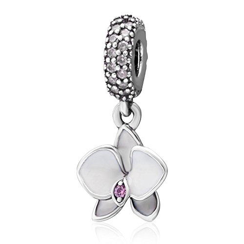 Blanco esmalte orquídea flor Charm Dangle con transparente CZ piedra colgante de plata de ley 925 Bead para Europea Pulsera Charms