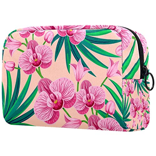Bolsa de cosméticos para mujer, diseño de hojas de palma tropicales y flores de orquídea, bolsas de maquillaje, accesorios organizador de regalos