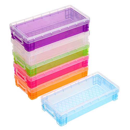 BSTKEY Juego de 6 cajas de papelería de colores surtidos, organizador de almacenamiento de plástico, morado, rojo, verde, azul, naranja, transparente