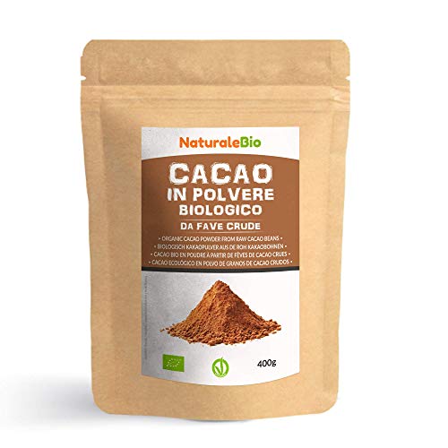Cacao Ecológico en Polvo 400 g. Organic Cacao Powder. 100% Bio, Natural y Puro producido a partir de Granos de Cacao Crudo. Cultivado en Perú a partir de la planta Theobroma Cacao.