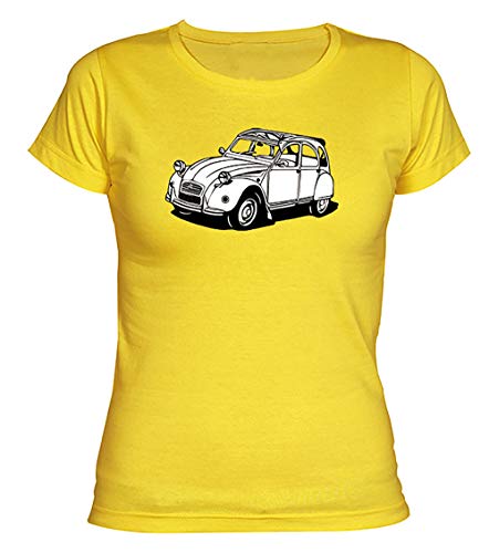 Camisetas EGB Camiseta Chica Citroën 2cv ochenteras 80´s Retro (Amarillo, L)