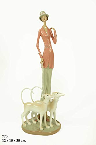 CAPRILO Figura Decorativa de Resina Mujer Época con Perros. Adornos y Esculturas. Decoración Hogar. Regalos Originales. 12 x 10 x 30 cm. IB,5