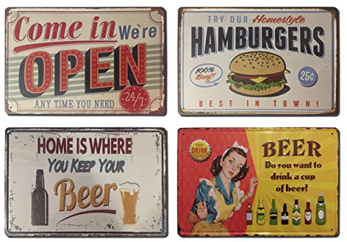 Chapas Vintage [ Bar, Cafetería, Restaurante, Cervecería o Casa ] Set de 4 Chapas con Relieve | Placas Decorativas Retro Metálicas de Comidas y Bebidas 20x30 cm