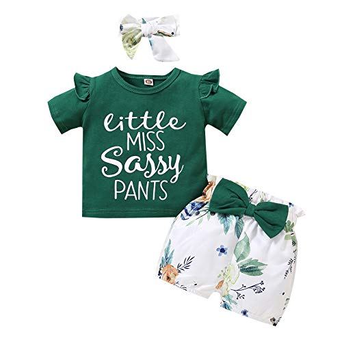 Conjunto de 3 piezas de ropa para niños pequeños y niñas de verano con mangas de mosca y pantalones cortos florales para la cabeza