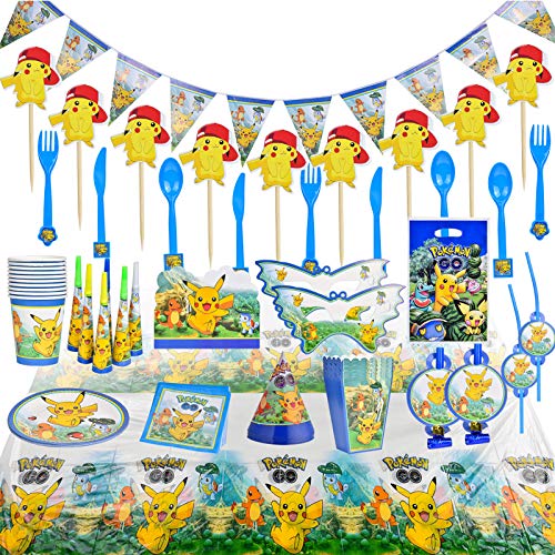 Cumpleaños de Pokemon, 155 Piezas Pokemon Pikachu Pokemon Team Cartoon Anime Theme Artículos para Fiesta de Cumpleaños (A)