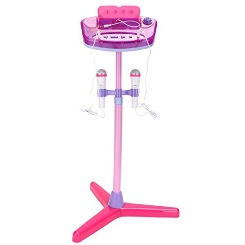deAO Karaoke Infantil Dúo Conjunto Musical de 2 Micrófonos con Soporte de Pie, Amplificador, Puerto Externo y Luces LED (Rosa)